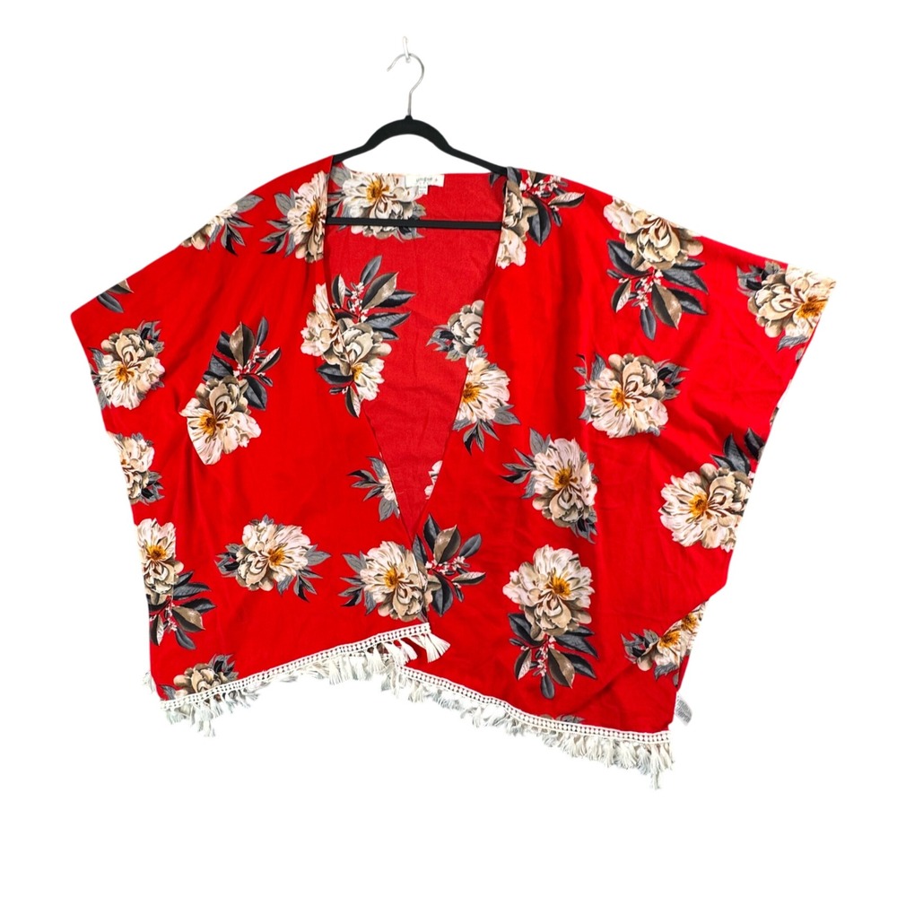 Umgee USA Red Floral Kimono Duster Womens 1XL/2XL Fringe Hem Boho‎ Festival